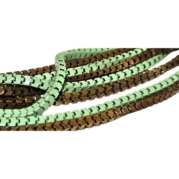 Vintage Necklace Multi-Strand Mint Green & Bronze Metal 3D Rectangular Links - Picture 11 of 11